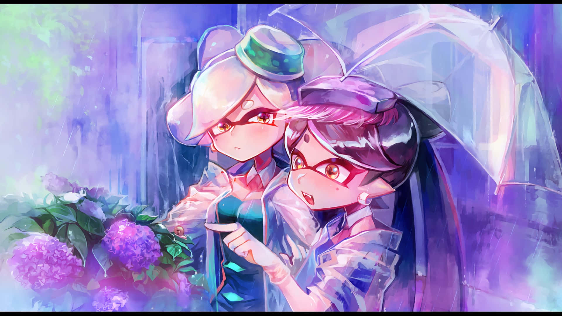 splatoon 桌布 壁紙 — 兩個動漫角色在雨中共享一把紫色雨傘，同時手持繡球花，置身於夢幻的紫色迷霧中。