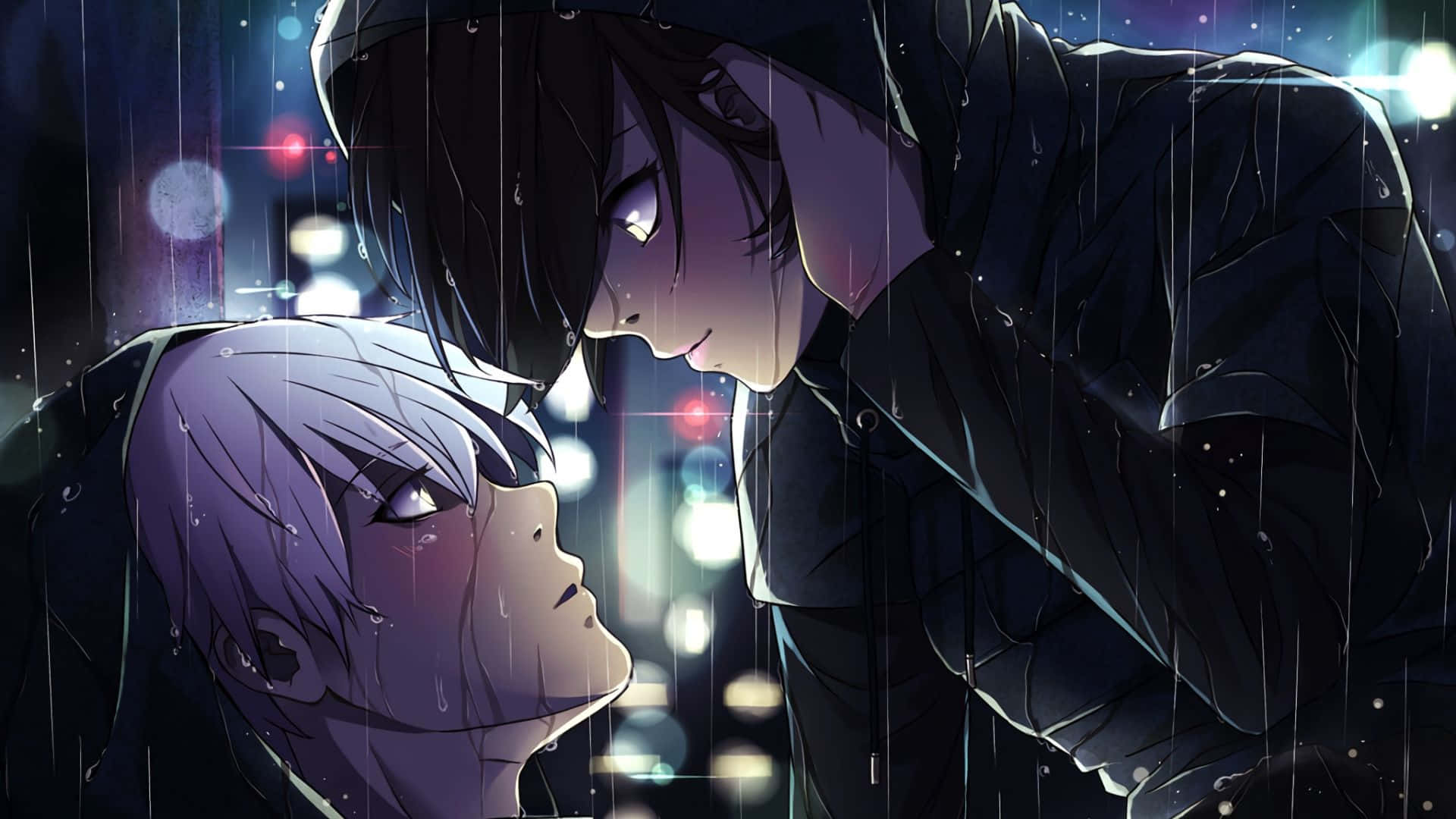 Touka Kirishima 桌布 壁紙 — 兩個動漫角色在雨中分享親密時刻，背景是閃爍的城市燈光。