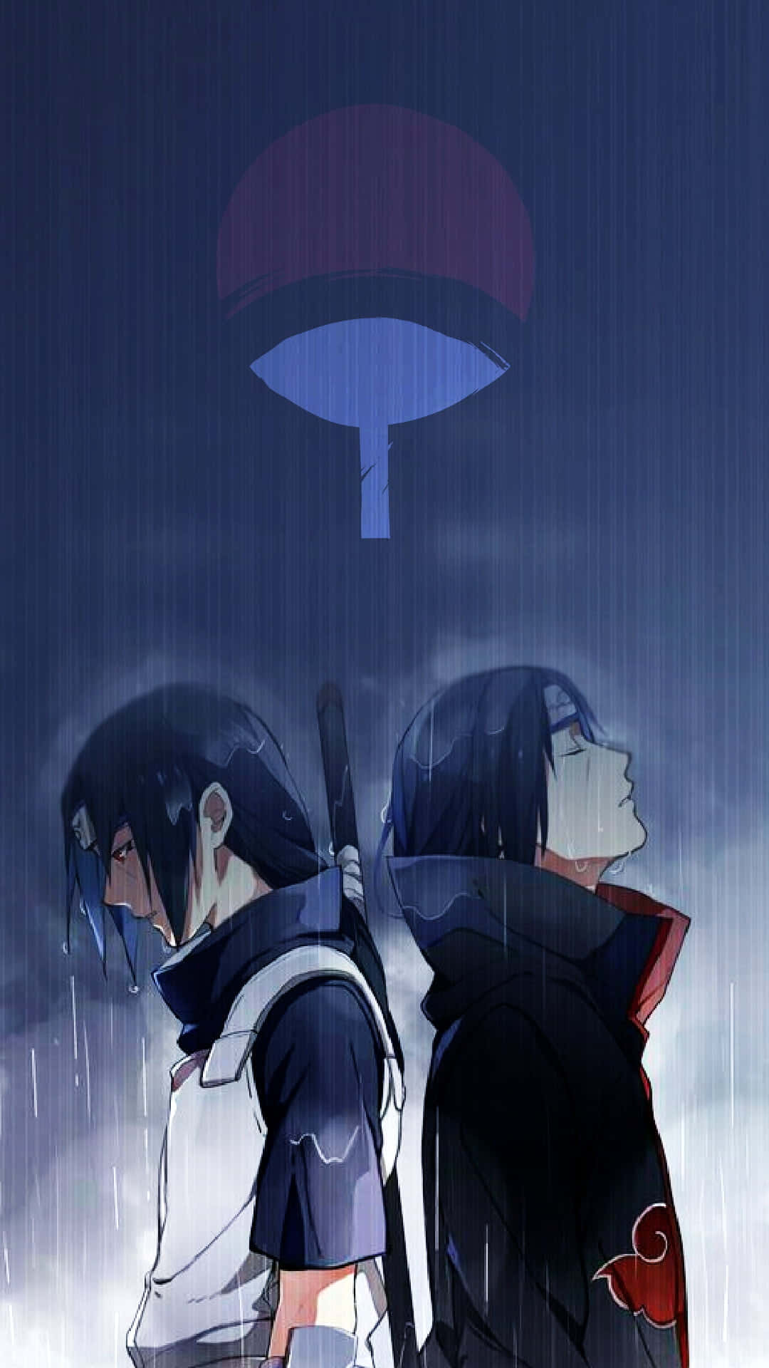 Akatsuki Poster 桌布 壁紙 — 兩個動漫角色在雨中背對背站立，上方有一個發光的宇智波標誌，一個穿著白色忍者裝備，另一個穿著帶有紅色雲朵的黑色斗篷。