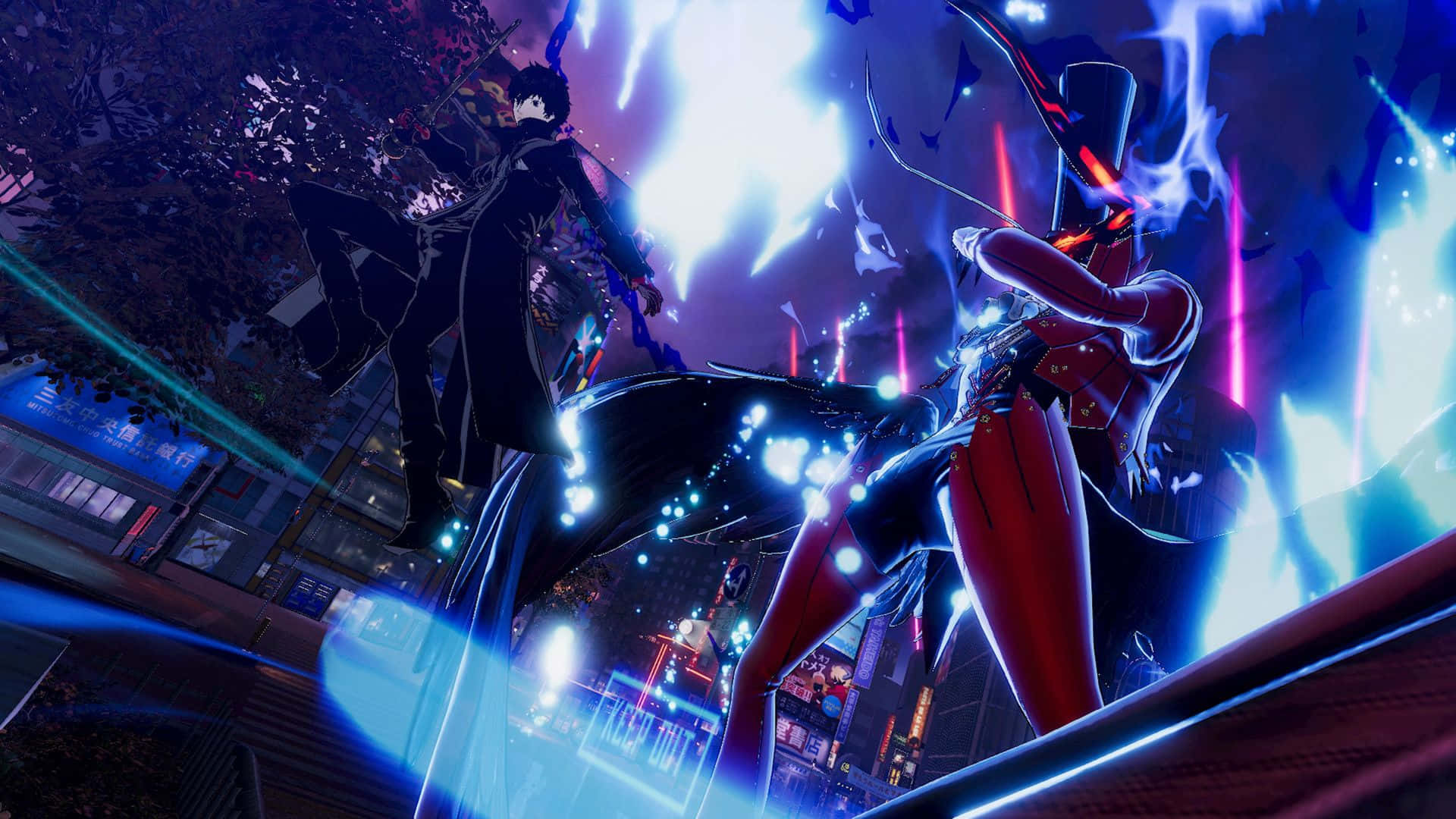 Persona 5 Strikers 桌布 壁紙 — 兩個動漫角色在霓虹燈閃爍的城市夜晚中碰撞，伴隨著電光藍色的能量爆發和閃爍的城市燈光。