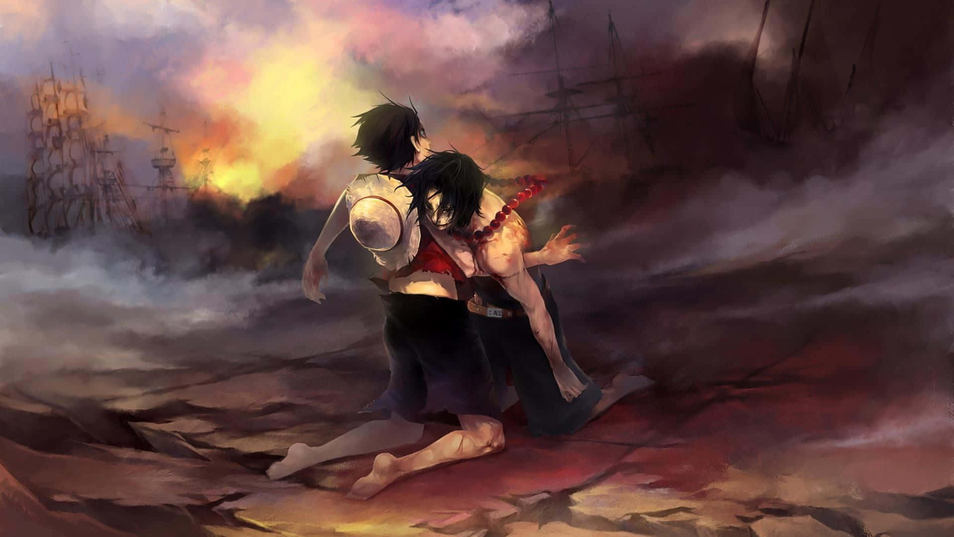 One Piece Ace's Death 桌布 壁紙 — 兩個動漫角色在風暴戰場上擁抱，船隻在火紅的夕陽天空中燃燒。