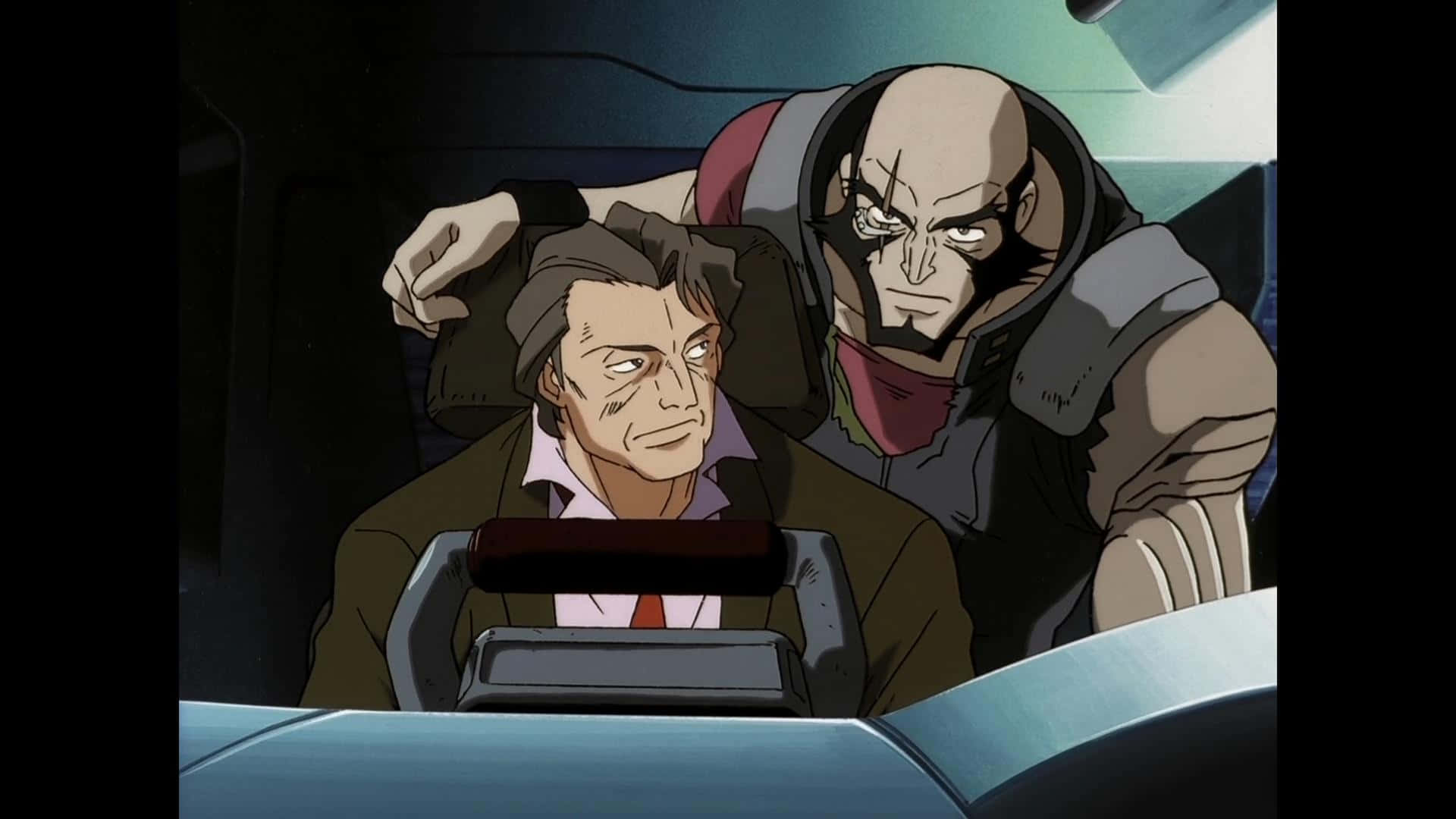 Cowboy Bebop Jet Black 桌布 壁紙 — 兩個動漫角色在駕駛艙內，一個威脅性地俯身在另一個坐在控制台前的人身上。