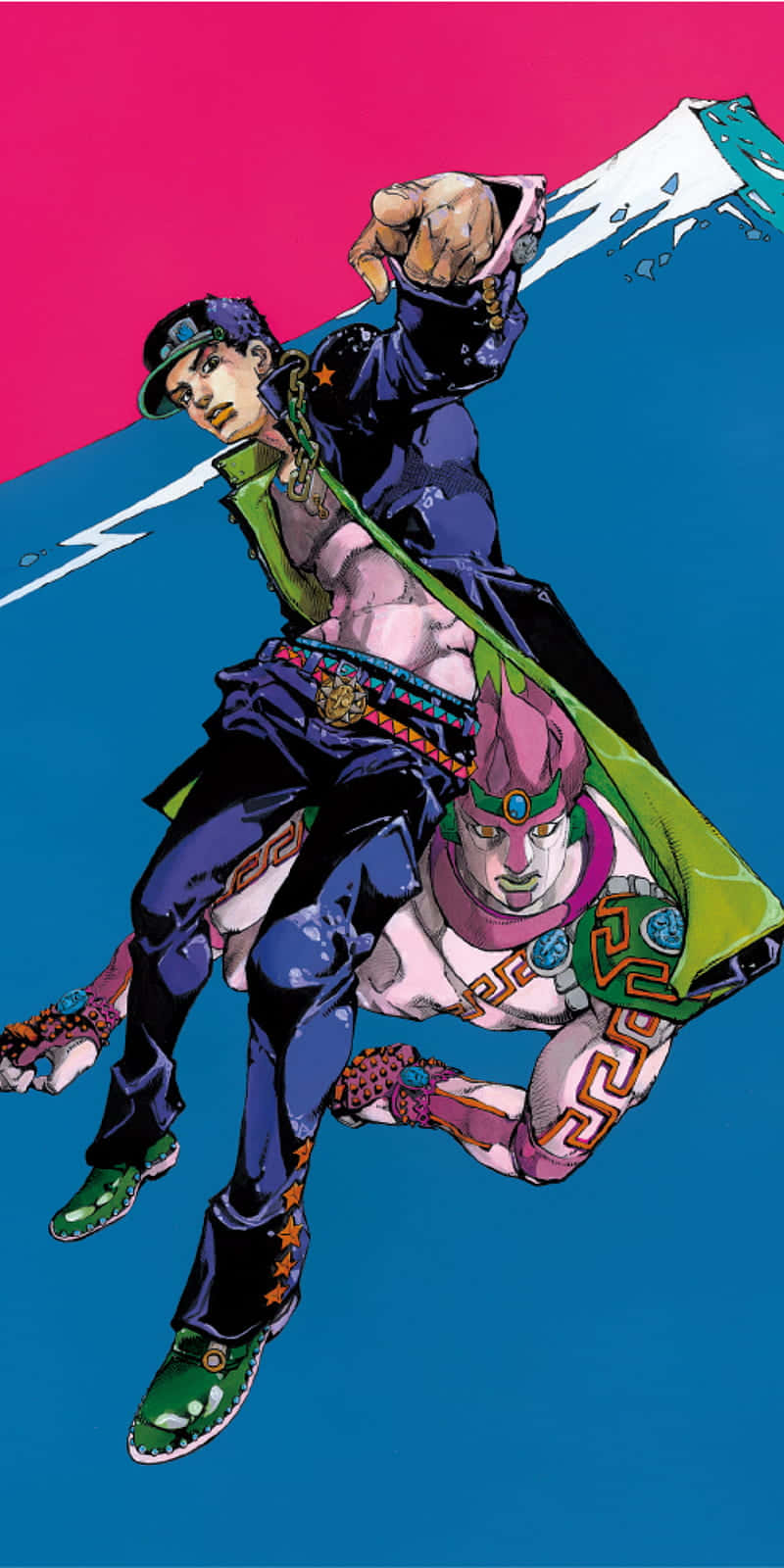 Jojo Pose 桌布 壁紙 — 兩個動漫角色在鮮豔的粉紅和藍色背景上擺出動態戰鬥姿勢，帶有白色能量條紋。