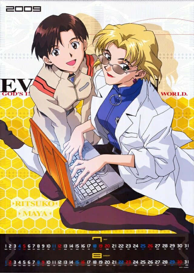 Ritsuko Akagi 桌布 壁紙 — 兩個動漫角色在鮮黃色六邊形背景前協作使用手提電腦。