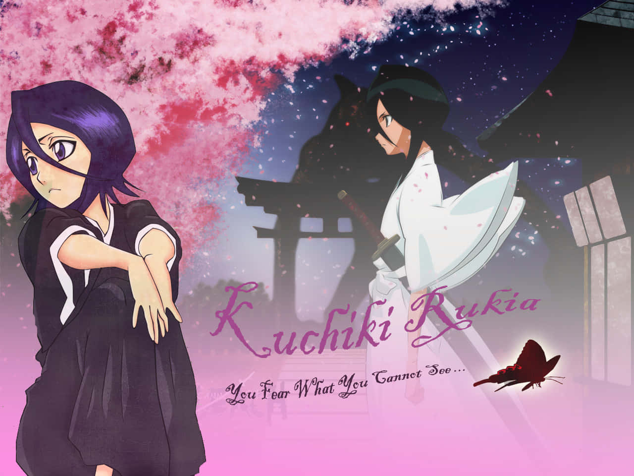Rukia Kuchiki 桌布 壁紙 — 兩個動漫角色在黃昏時站在櫻花樹下，背景是一座神社。