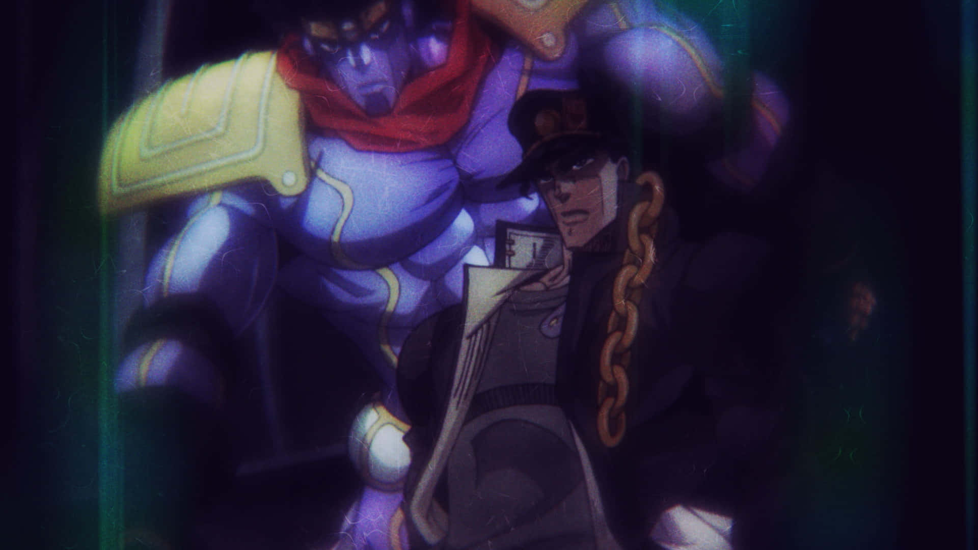 Jotaro Kujo 桌布 壁紙 — 兩個動漫角色在黑暗環境中，一個穿著紫色盔甲和紅色圍巾，另一個帶著鎖鏈和帽子。