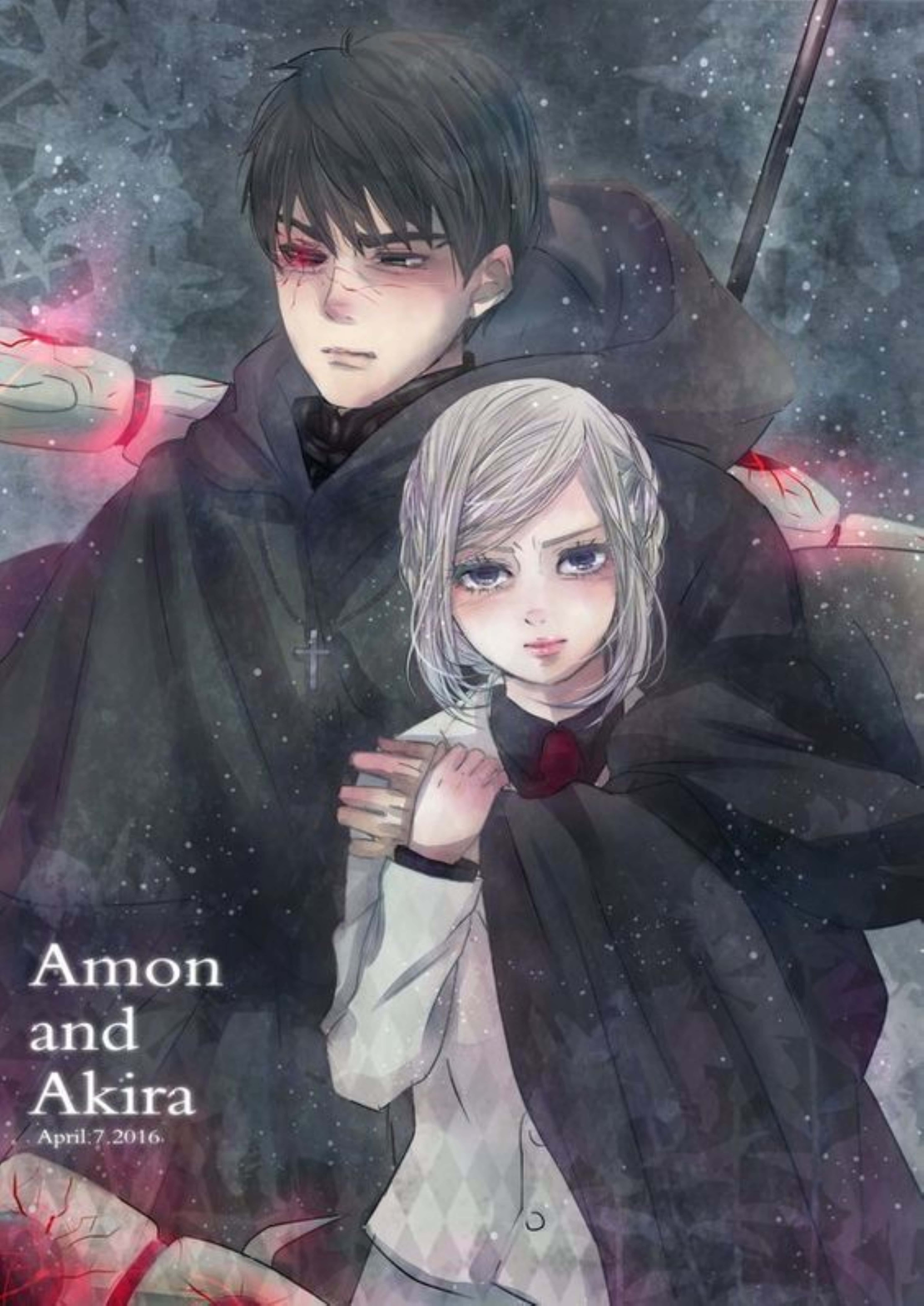 Koutarou Amon 桌布 壁紙 — 兩個動漫角色在黑暗的雪景中擁抱，帶有發光的紅色點綴和星空背景。