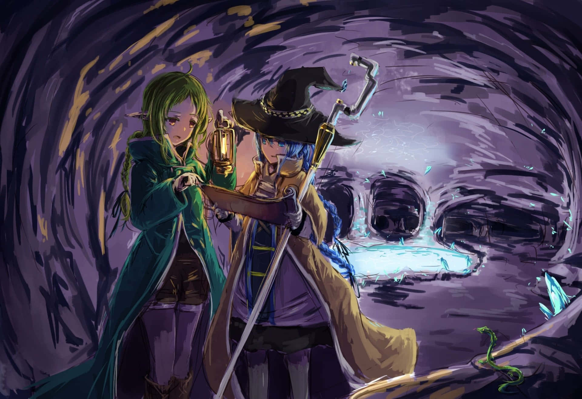 Mushoku Tensei 桌布 壁紙 — 兩個動漫角色在黑暗隧道中手持發光燈籠和法杖，前方有一個藍色魔法傳送門打開。
