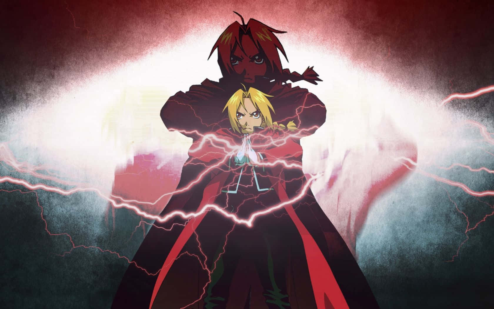 edward elric 桌布 壁紙 — 兩個動漫角色在黑暗風暴背景下，伴隨著噼啪作響的紅色閃電碰撞。