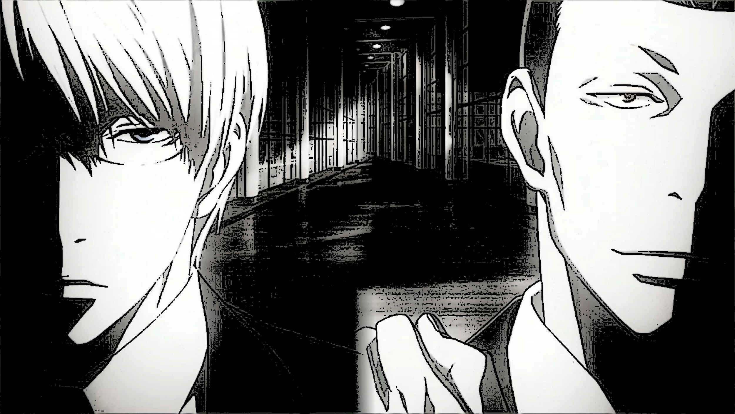 Kishou Arima 桌布 壁紙 — 兩個動漫角色在黑白分明的走廊中對峙，燈光戲劇化，表情強烈。
