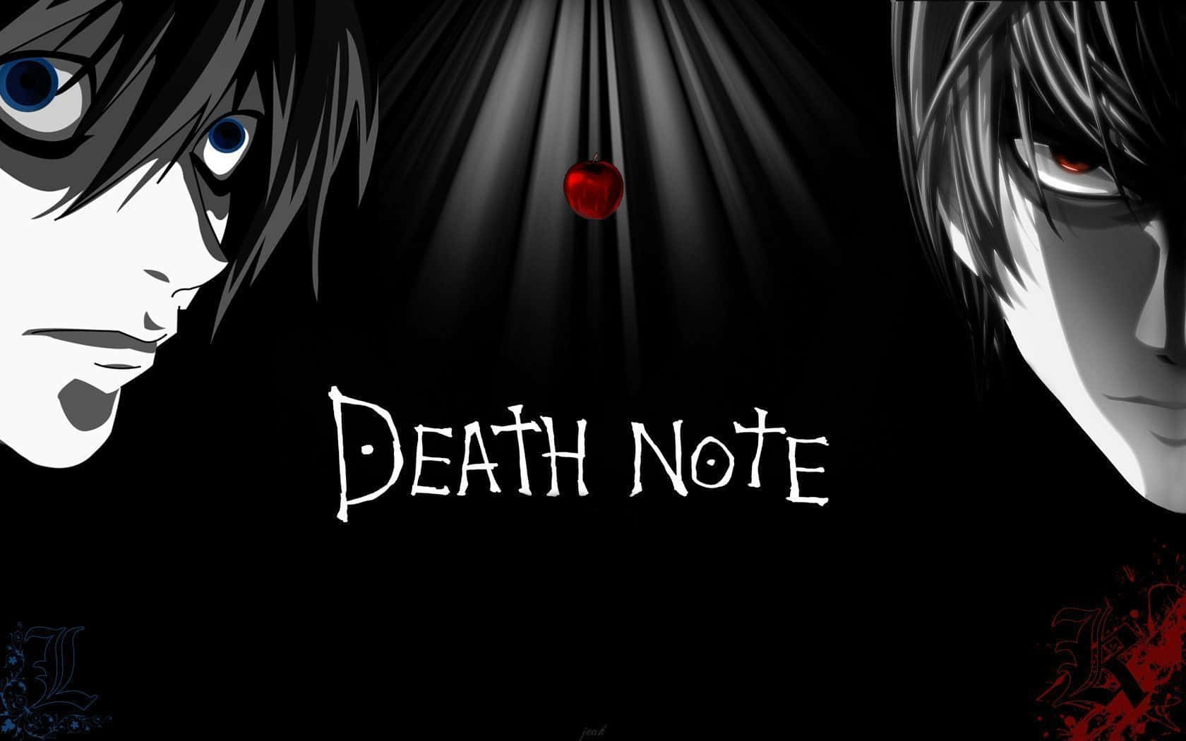 Black And White Anime 桌布 壁紙 — 兩個動漫角色在黑色背景上，於戲劇性的光束下夾著一個發光的紅蘋果，並帶有「Death Note」文字。