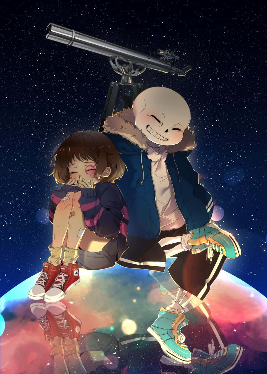 Undertale Phone 桌布 壁紙 — 兩個動漫角色坐在一個色彩繽紛的星球上，星空下，上方有一個望遠鏡。