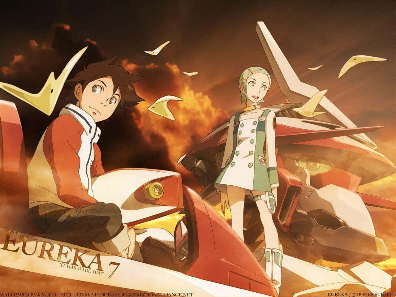 Eureka Seven Eureka 桌布 壁紙 — 兩個動漫角色坐在一部紅白相間的機甲旁邊，背景是火紅的橙色天空，有鳥兒飛翔。