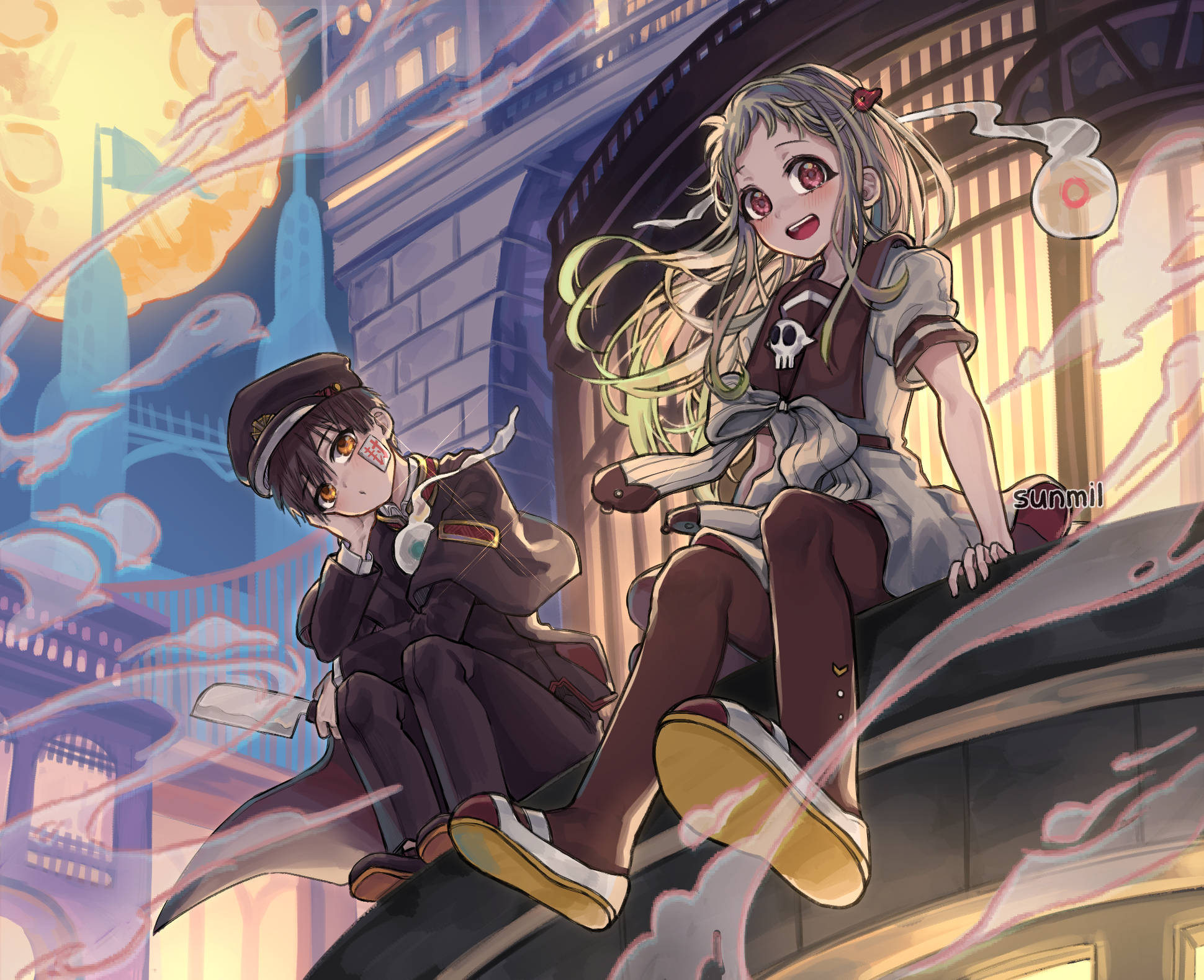 hanako 桌布 壁紙 — 兩個動漫角色坐在屋頂上，背景是夕陽、旋轉的雲朵和一輪發光的月亮。