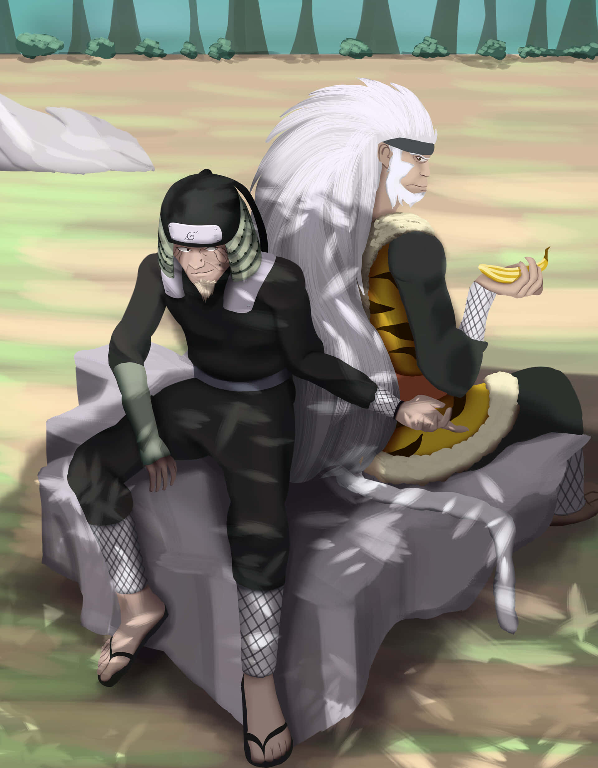 Third Hokage 桌布 壁紙 — 兩個動漫角色坐在岩石上，一個白髮拿著香蕉，另一個穿著黑色裝備看起來很疲倦。