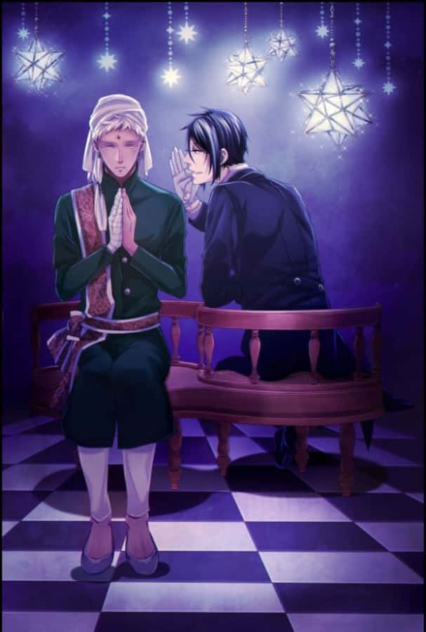 Black Butler Agni 桌布 壁紙 — 兩個動漫角色坐在木長椅上，上方懸掛著發光的星形燈籠，地板是紫色格子圖案。