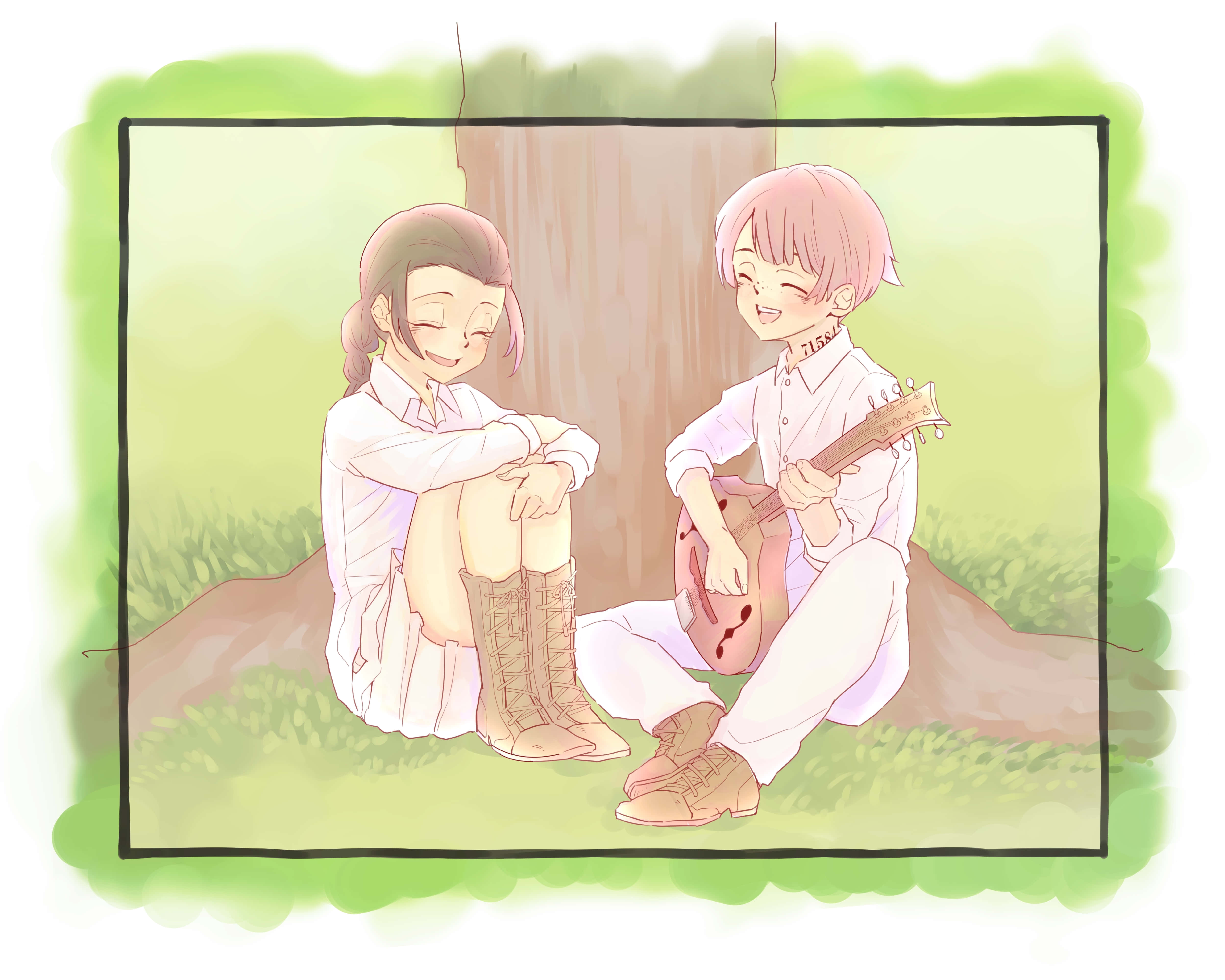 The Promised Neverland Isabella 桌布 壁紙 — 兩個動漫角色坐在樹旁，一個彈結他，另一個在柔和粉彩光線中溫暖微笑。