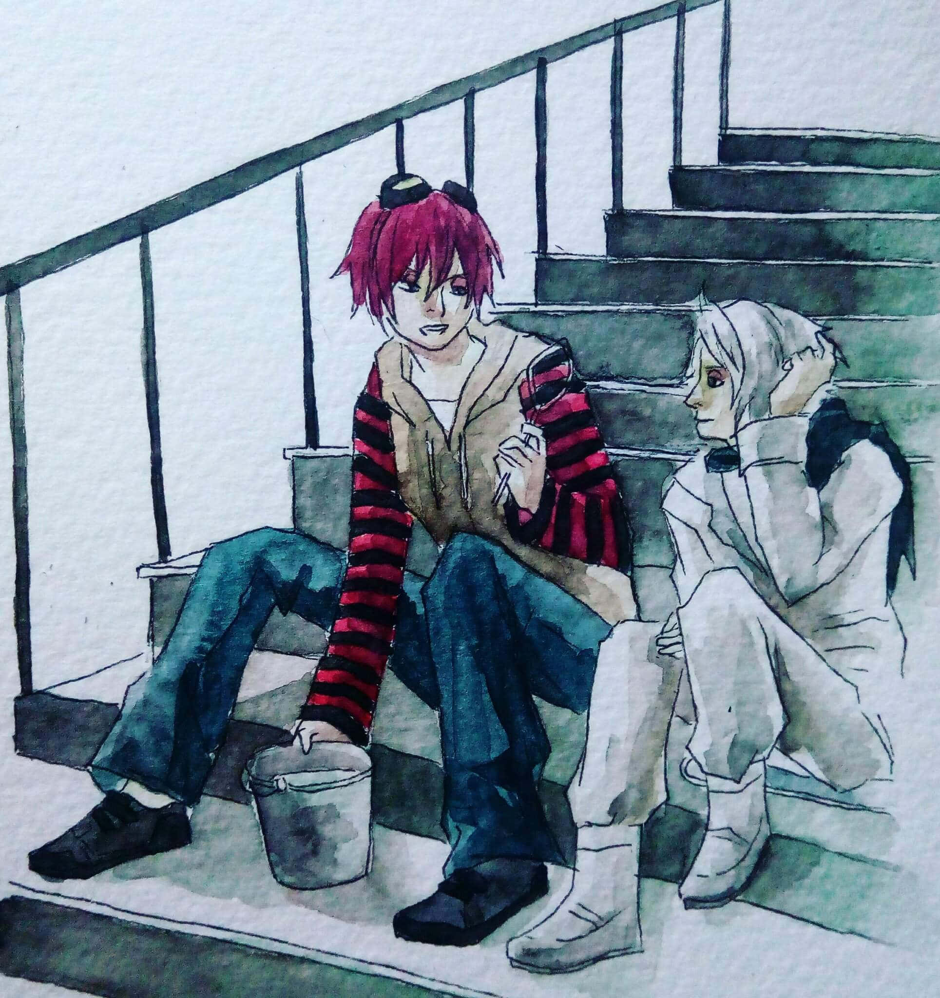 Death Note Matt 桌布 壁紙 — 兩個動漫角色坐在混凝土樓梯上，一個紅頭髮拎住一個桶，另一個白頭髮望向另一邊。