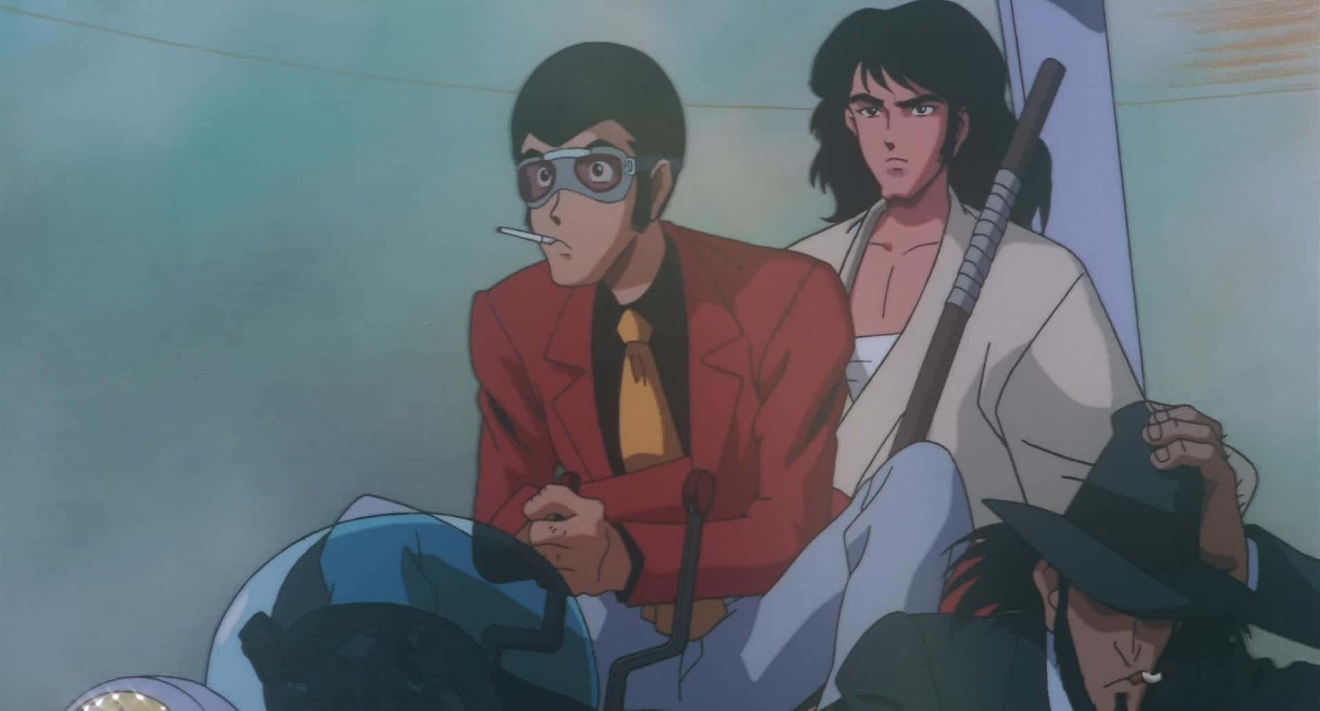 Goemon Ishikawa Xiii 桌布 壁紙 — 兩個動漫角色坐在電單車上，一個穿紅色西裝戴護目鏡吸煙，另一個穿白色長袍拿著球棒。