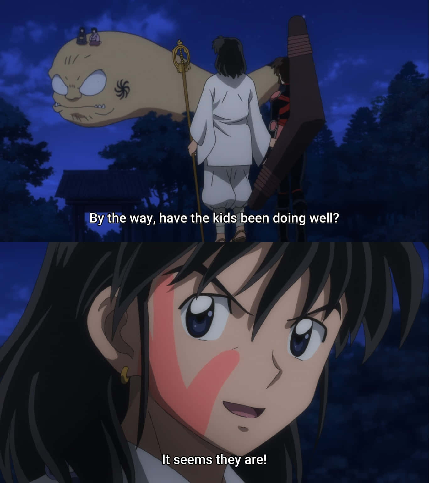 Miroku 桌布 壁紙 — 兩個動漫角色夜晚站在一個巨大的漂浮妖怪面前，特寫鏡頭顯示一個女孩臉紅，表情愉快。