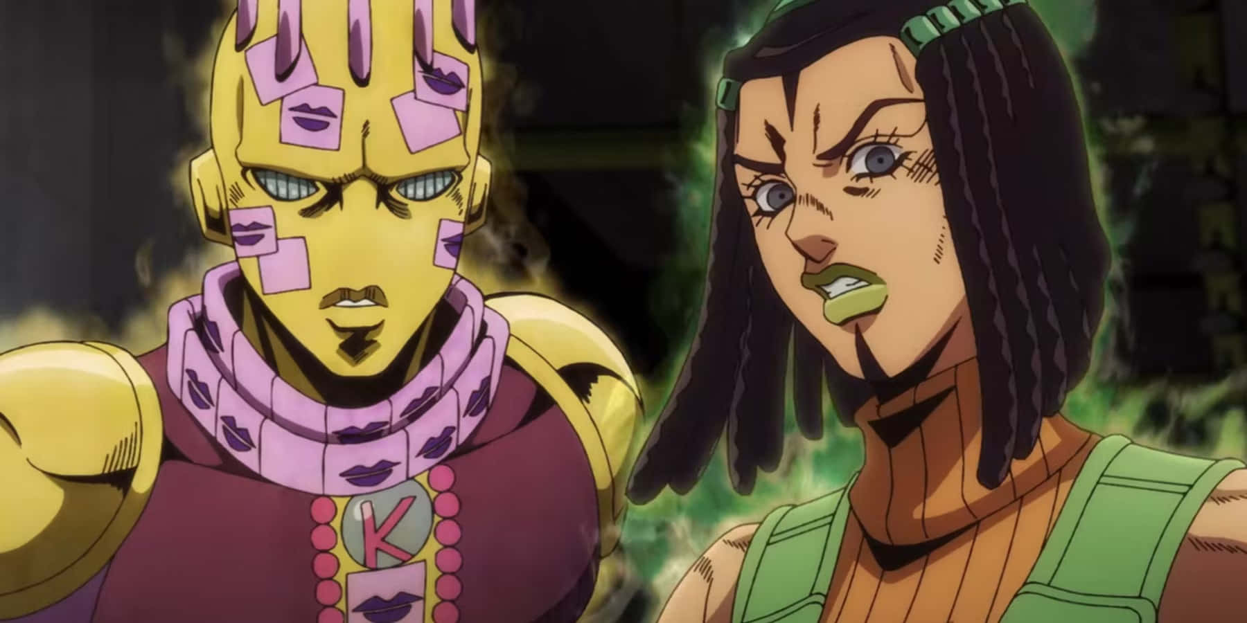 Ermes Costello 桌布 壁紙 — 兩個動漫角色對峙，一個戴著金色面具和粉紅色唇印，另一個梳著辮子並帶有綠色點綴。