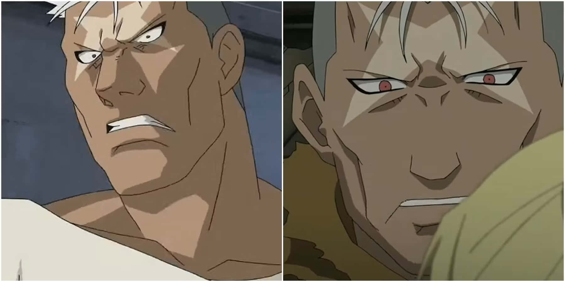 Fullmetal Alchemist Scar 桌布 壁紙 — 兩個動漫角色帶著強烈的憤怒表情和紅眼睛，激烈地互相瞪視。
