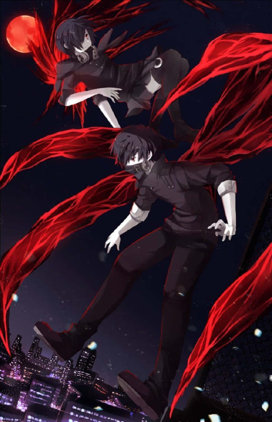 Ayato Kirishima 桌布 壁紙 — 兩個動漫角色帶著流動的紅色能量，在血紅色的月亮下翱翔於發光的城市之上。
