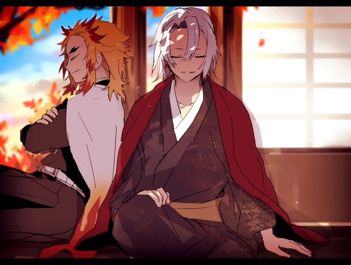 Rengoku And Tengen 桌布 壁紙 — 兩個動漫角色平靜地坐在室內，秋葉飄過沐浴在溫暖金色光線中的窗戶。