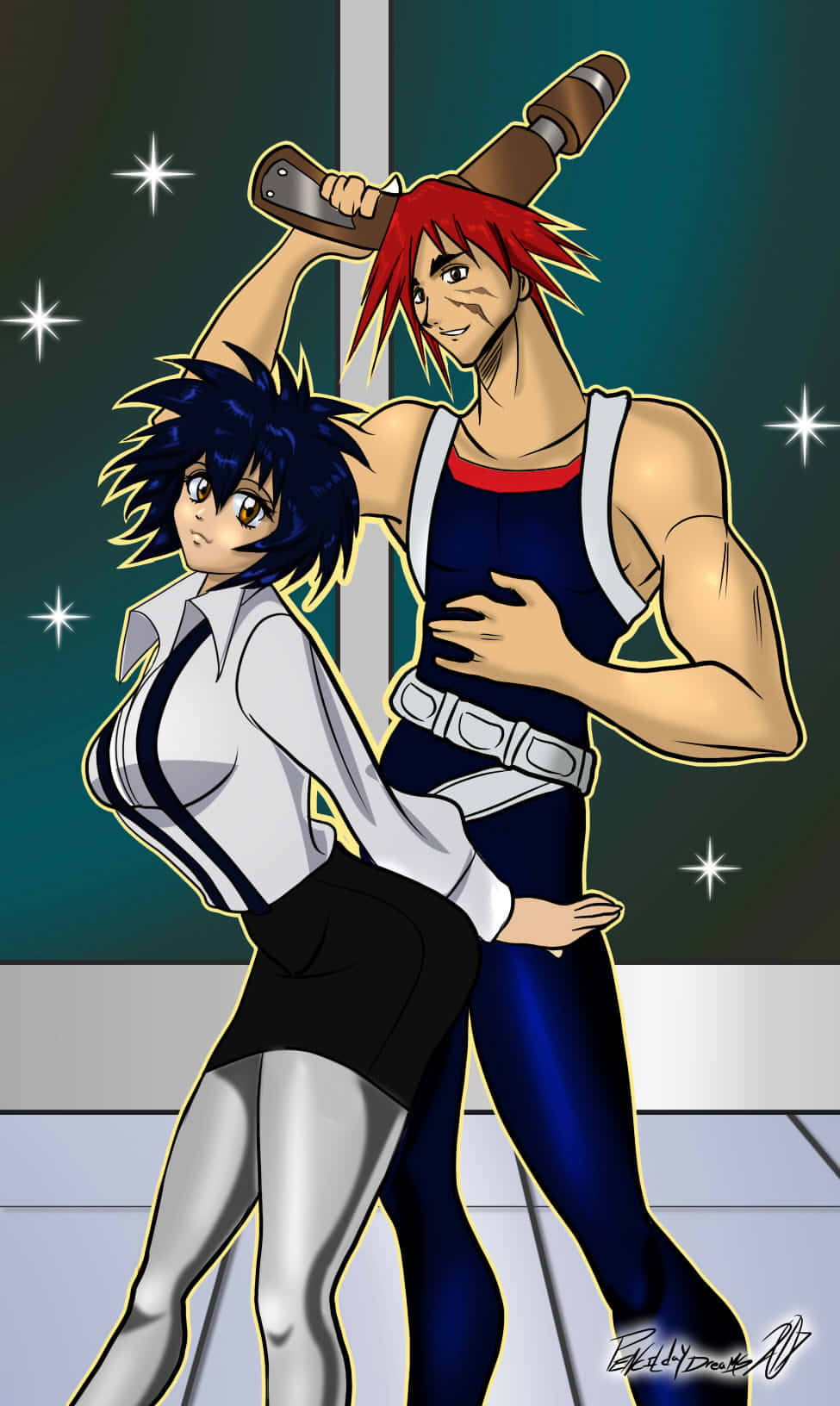 Outlaw Star 桌布 壁紙 — 兩個動漫角色戲劇性地擺姿勢，其中一人肩上扛著劍，背景是繁星點點的青色。