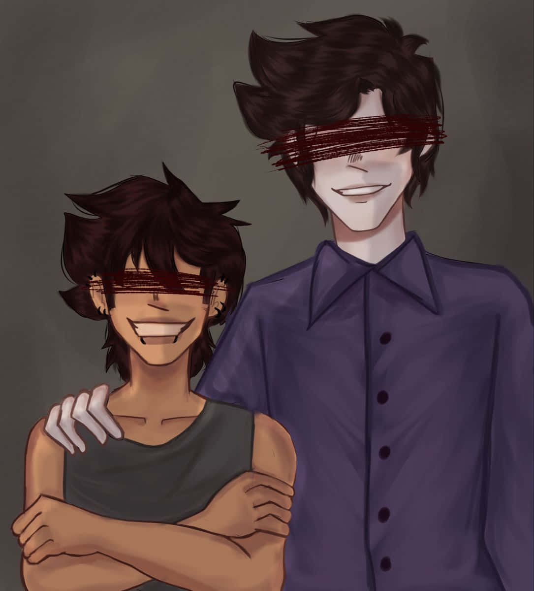 Afton Family 桌布 壁紙 — 兩個動漫角色戴著血紅色眼罩，在柔和的灰色背景前擁抱並咧嘴笑。