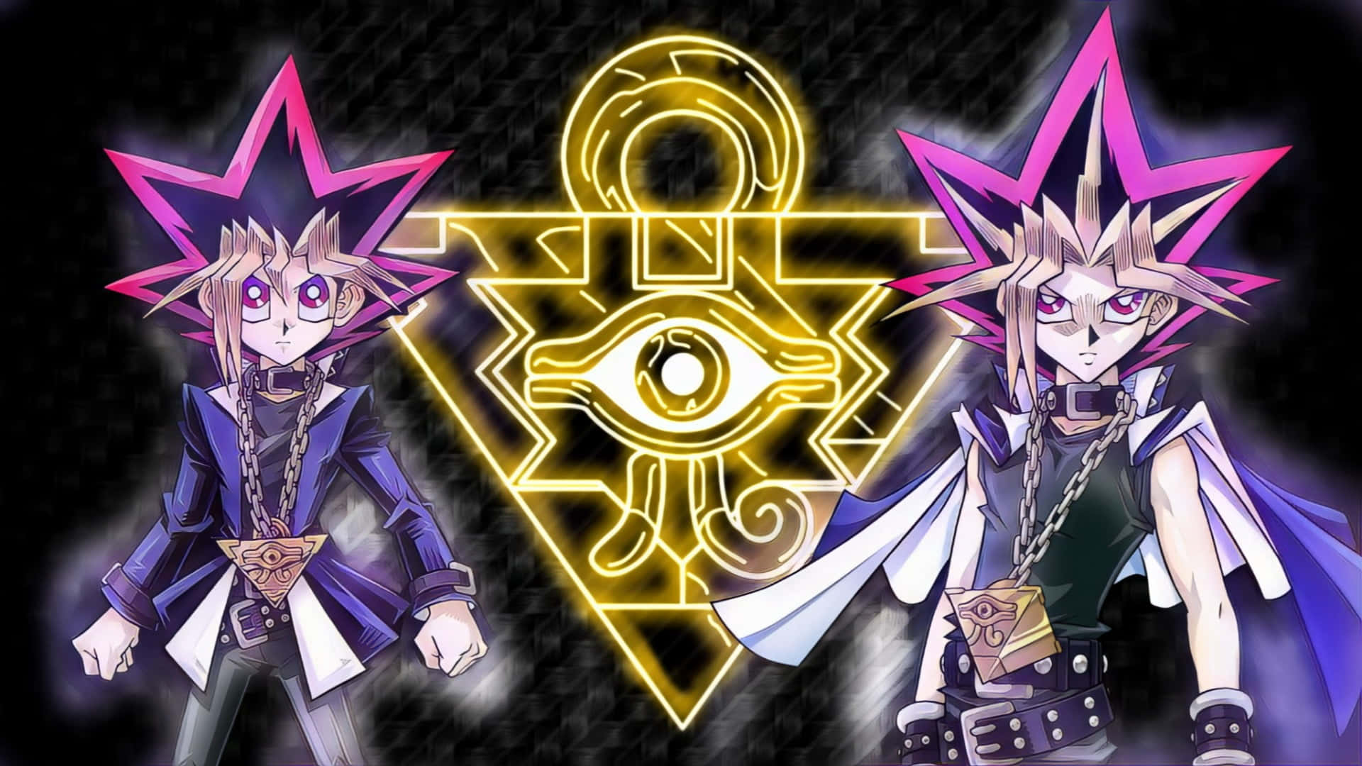 Yami Yugi 桌布 壁紙 — 兩個動漫角色擁有尖刺頭髮，在黑暗背景中夾著一個發光的金色眼睛標誌。