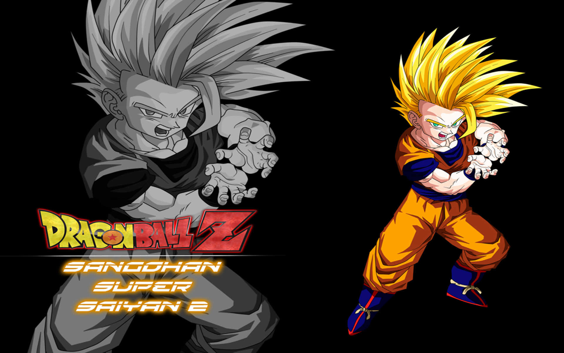Saiyan 桌布 壁紙 — 兩個動漫角色擺出戰鬥姿勢，一個是灰階，另一個是鮮豔的黃色、橙色和藍色，背景為黑色。