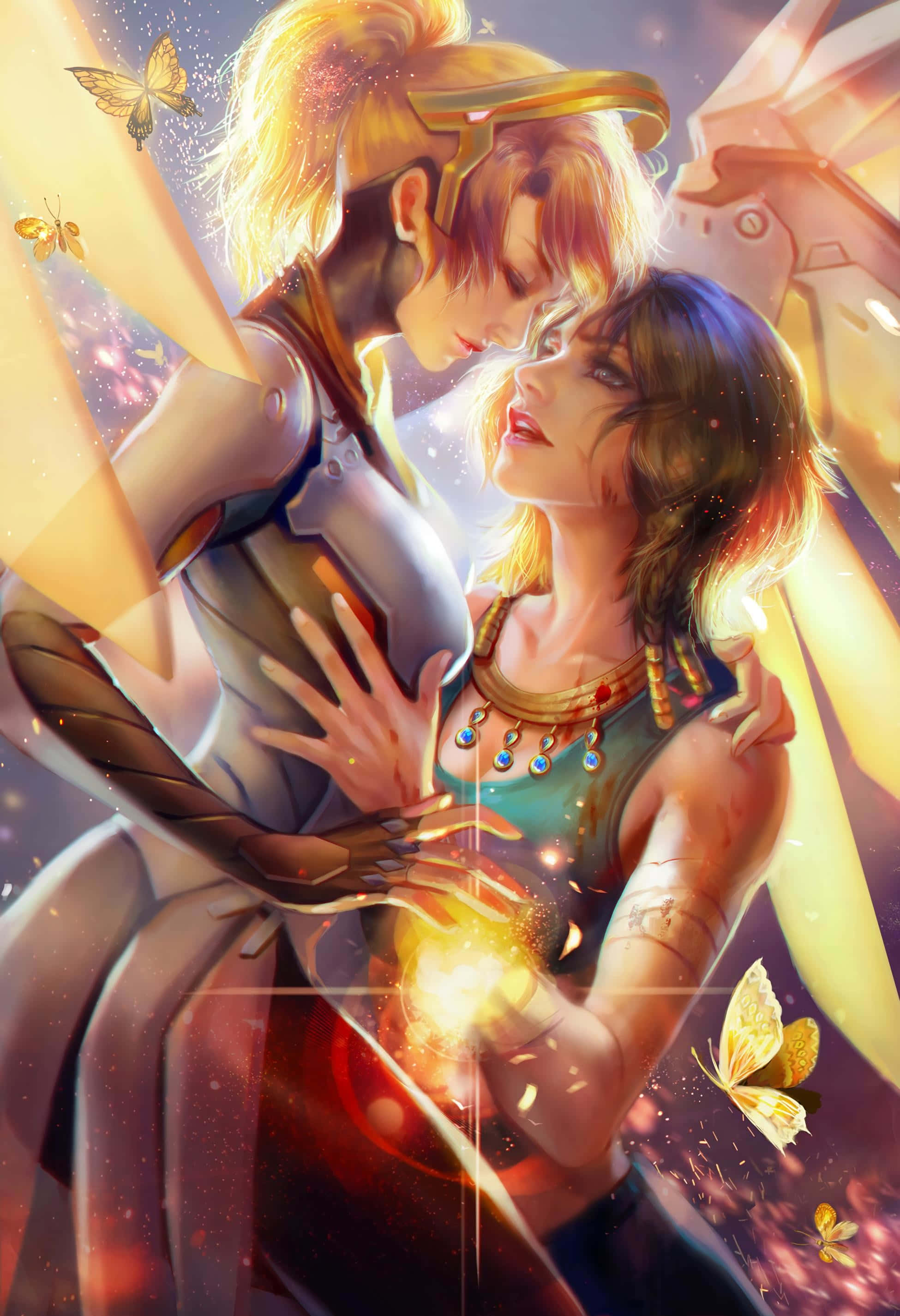 Overwatch Mercy 桌布 壁紙 — 兩個動漫角色溫暖地擁抱，金色蝴蝶在他們周圍閃爍著魔幻的光芒翩翩飛舞。