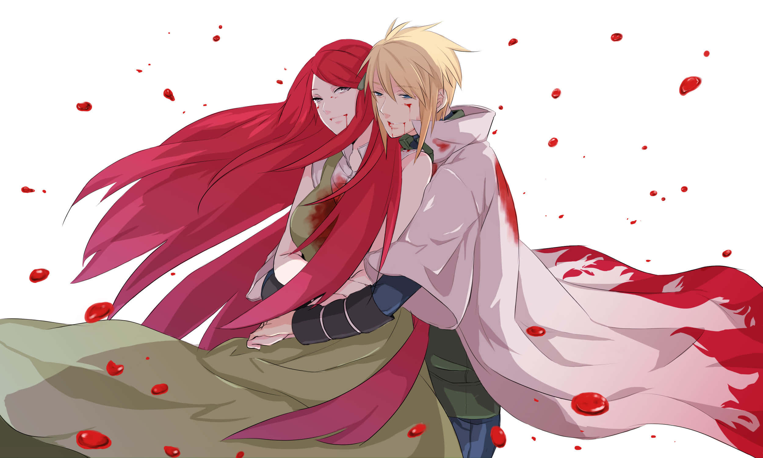 Kushina Uzumaki 桌布 壁紙 — 兩個動漫角色滿臉鮮血，飄逸的紅髮，坐在毯子上，紅色液滴在純白背景中落下。