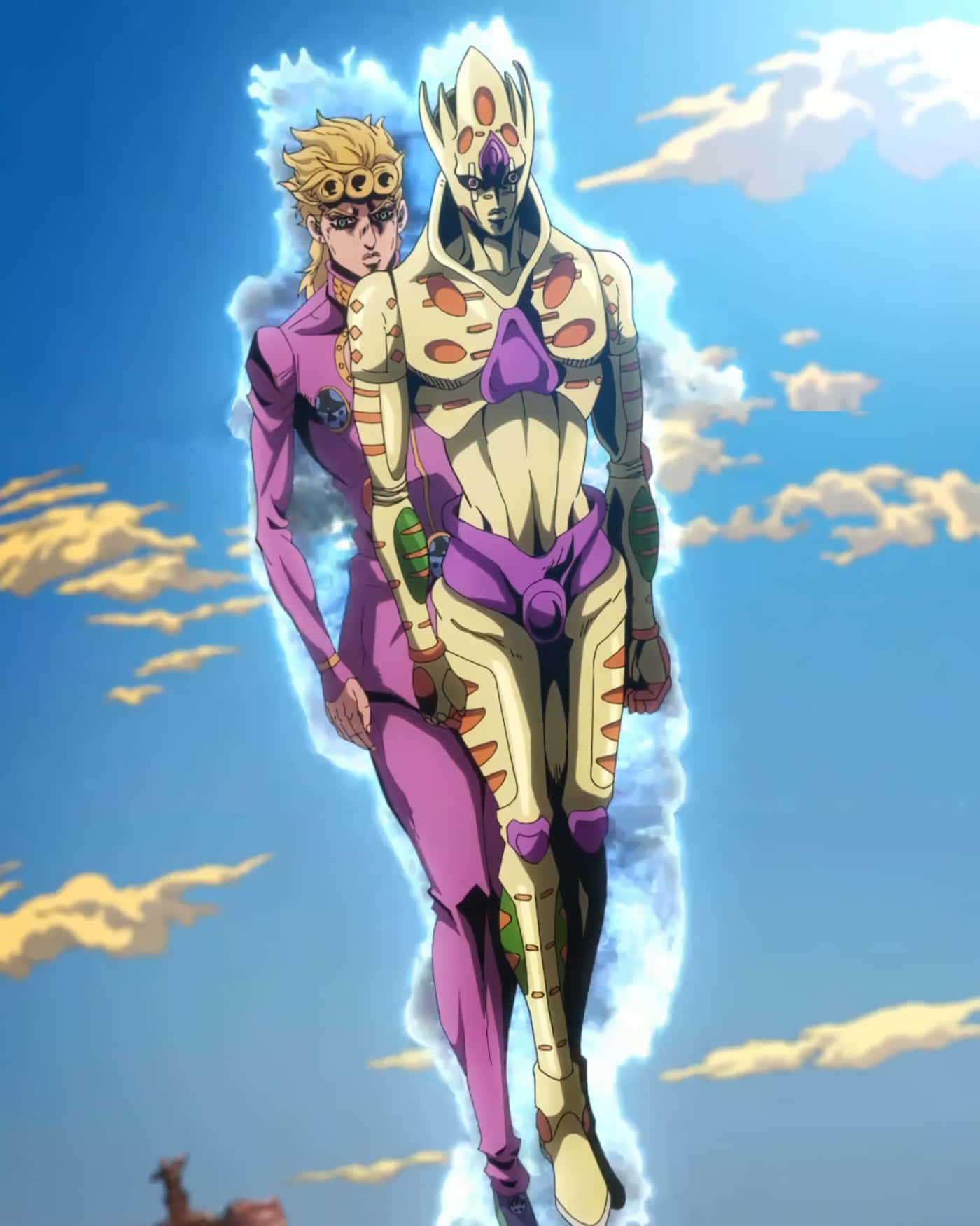Gold Experience Jojo 桌布 壁紙 — 兩個動漫角色漂浮在明亮的藍天中，有蓬鬆的雲朵，一個穿著紫色套裝，另一個穿著華麗的盔甲。