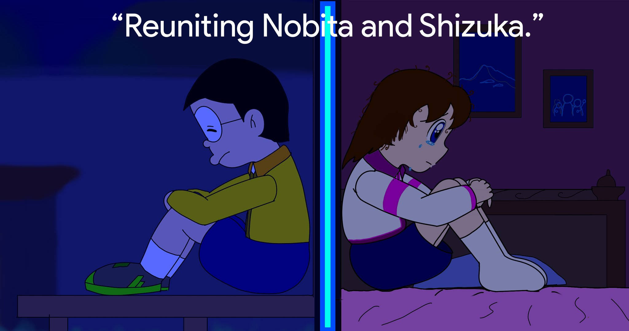 nobita shizuka love 桌布 壁紙 — 兩個動漫角色獨自坐在昏暗的房間裡，被一條發光的藍線隔開，兩人都顯得悲傷流淚。