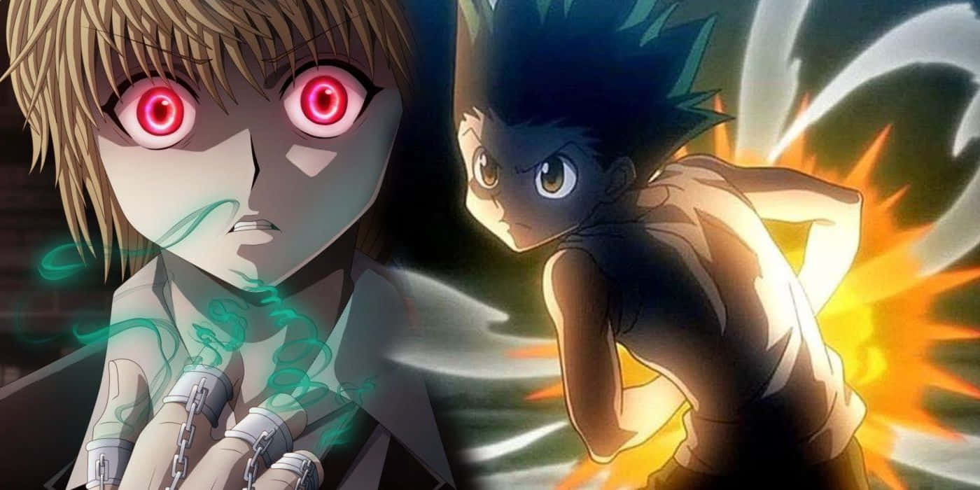 Shonen Anime 桌布 壁紙 — 兩個動漫角色碰撞——一個擁有發光的紅眼睛和綠色能量，另一個擁有火熱的氣場和堅定的目光。