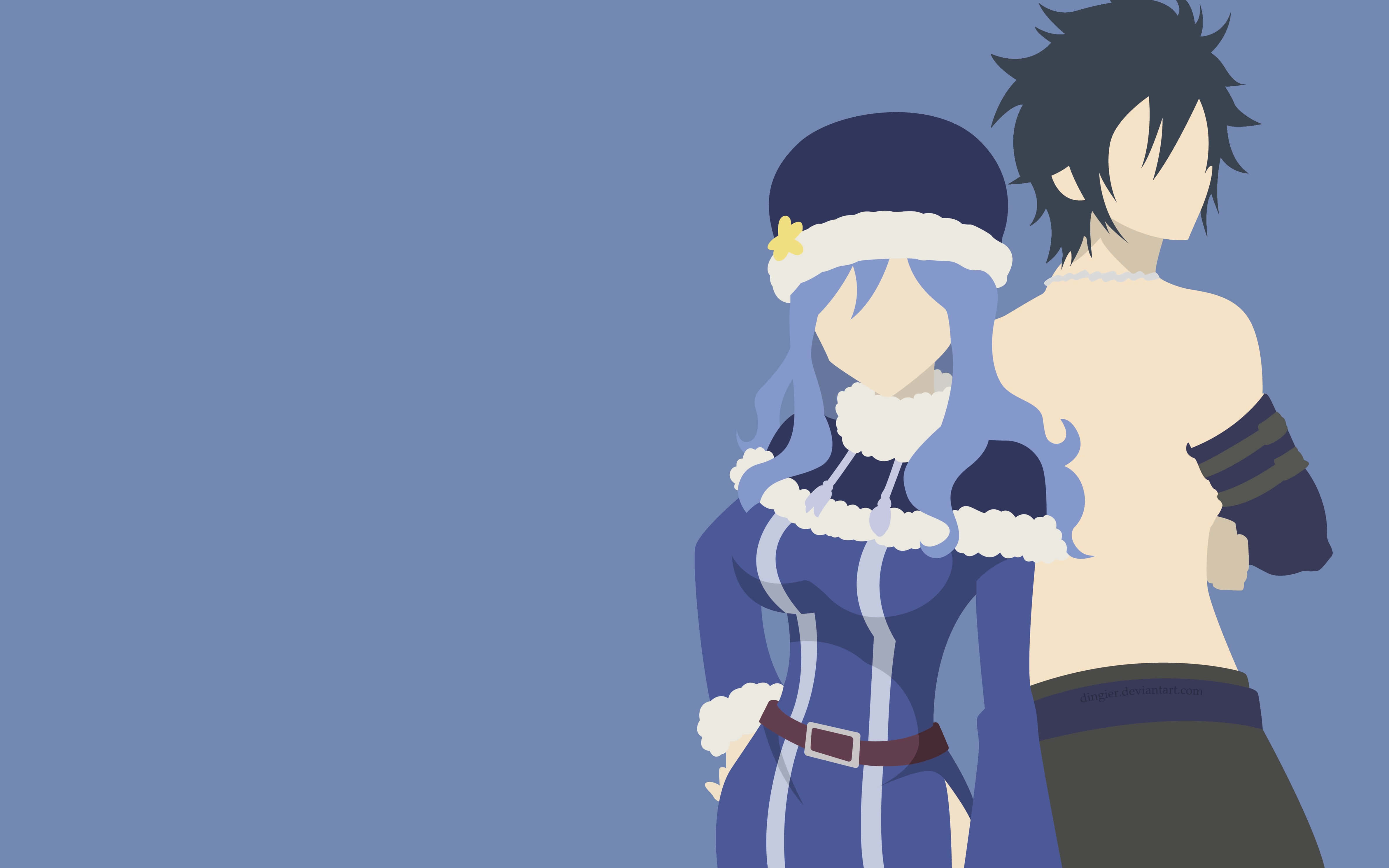 juvia lockser 桌布 壁紙 — 兩個動漫角色穿著冬季服裝，在純藍色背景前緊密站立，一個有藍色頭髮和白色毛邊，另一個有刺刺的黑色頭髮。