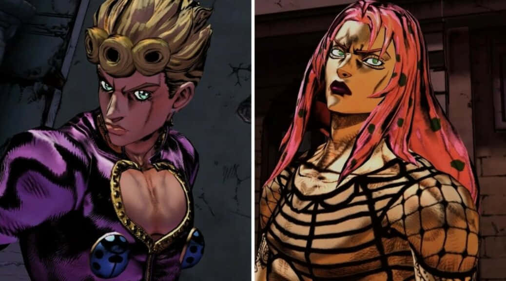 Jojo's Bizarre Adventure Diavolo 桌布 壁紙 — 兩個動漫角色穿著大膽服裝，表情強烈，並肩站在粗糙的城市環境中。