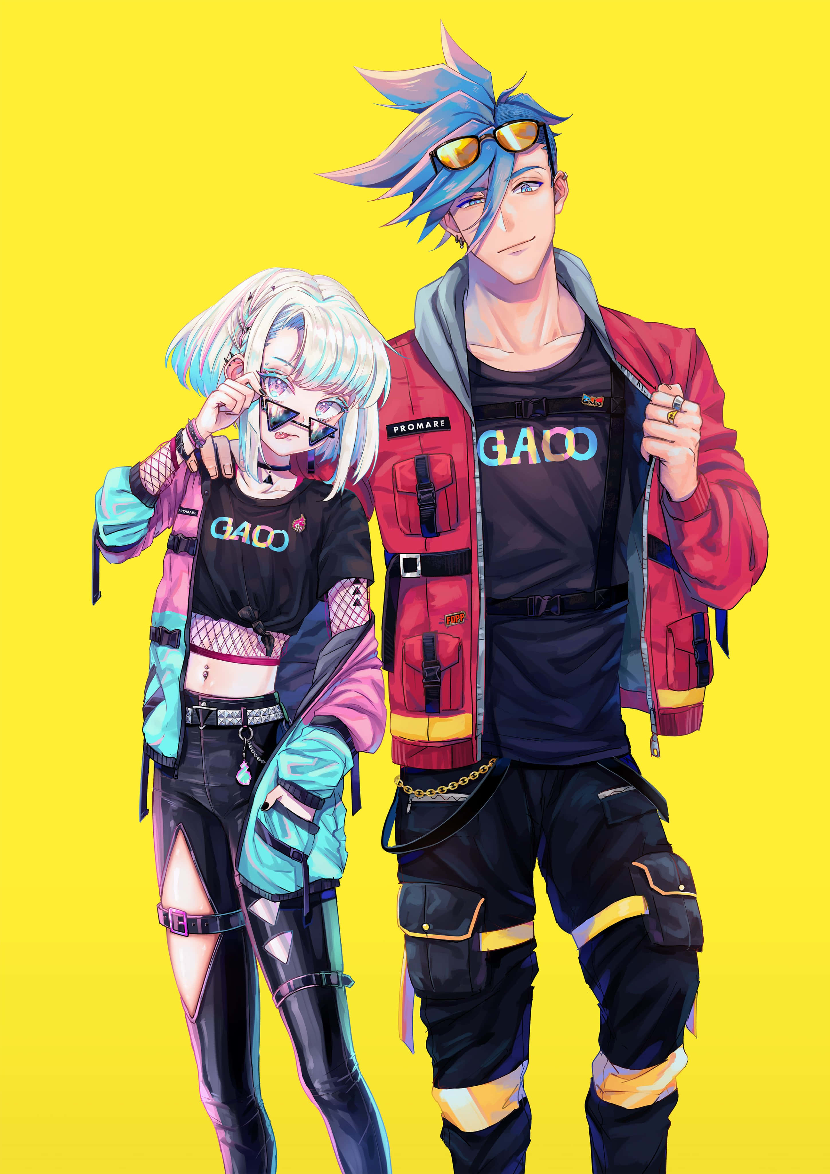 Promare 桌布 壁紙 — 兩個動漫角色穿著大膽街頭服飾，在鮮黃色背景前自信地擺姿勢。