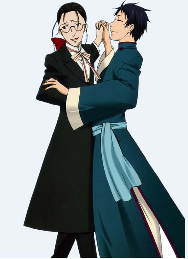 Black Butler Lau 桌布 壁紙 — 兩個動漫角色穿著正式服裝，在純色背景前擺出親密的舞蹈姿勢。