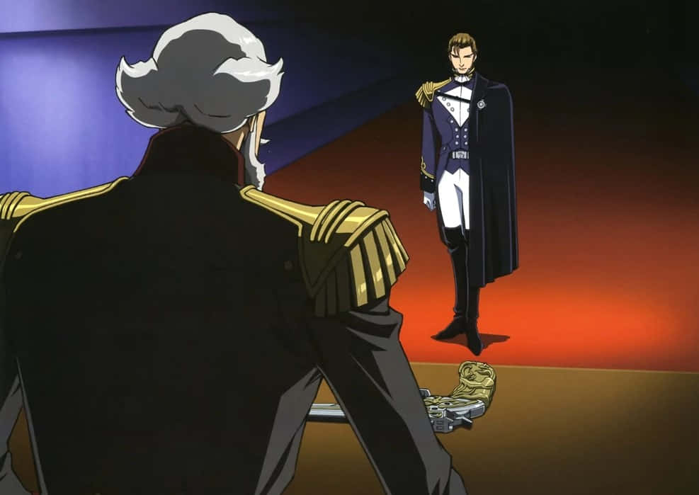 treize khushrenada 桌布 壁紙 — 兩個動漫角色穿著正式軍服，在溫暖橙色和冷紫色燈光下戲劇性地對峙。
