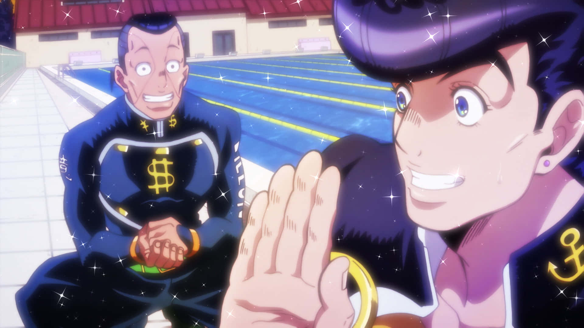 Josuke Higashikata 桌布 壁紙 — 兩個動漫角色穿著泳裝，在明亮的日光下於奧運標準泳池旁愉快地擺姿勢。