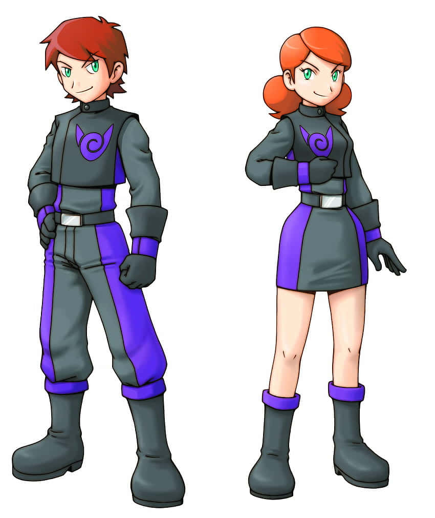 Pokemon Ranger 桌布 壁紙 — 兩個動漫角色穿著相配的灰色和紫色制服，自信地站在純白色背景前。