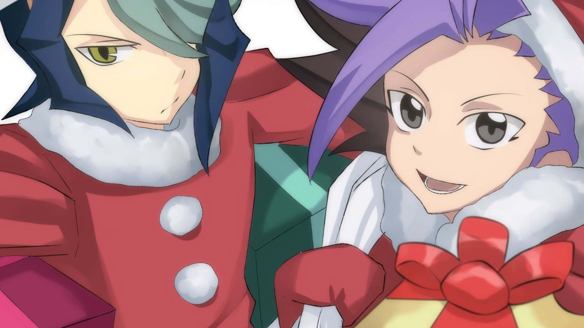 Yu-gi-oh Yuto 桌布 壁紙 — 兩個動漫角色穿著節日冬季外套，微笑著拿著一個用紅色絲帶包裹的禮物。