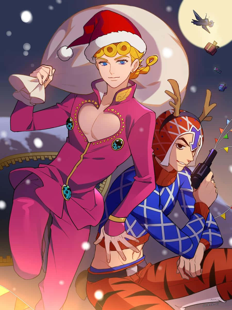 Guido Mista 桌布 壁紙 — 兩個動漫角色穿著節日冬季服裝，在雪月下與漂浮的禮物和一隻鳥擺姿勢。