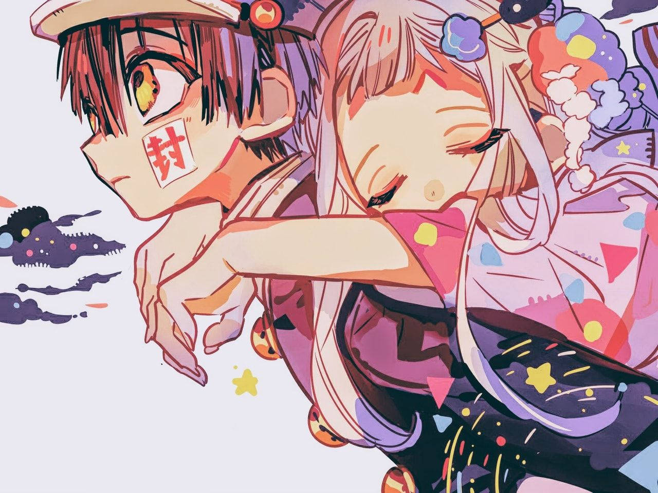 hanako 桌布 壁紙 — 兩個動漫角色穿著色彩繽紛的傳統服裝，在夢幻星空背景下溫暖擁抱。