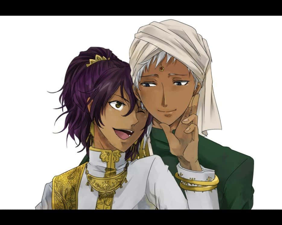 Black Butler Agni 桌布 壁紙 — 兩個動漫角色穿著華麗的傳統服飾，在純白背景前分享親密時刻。
