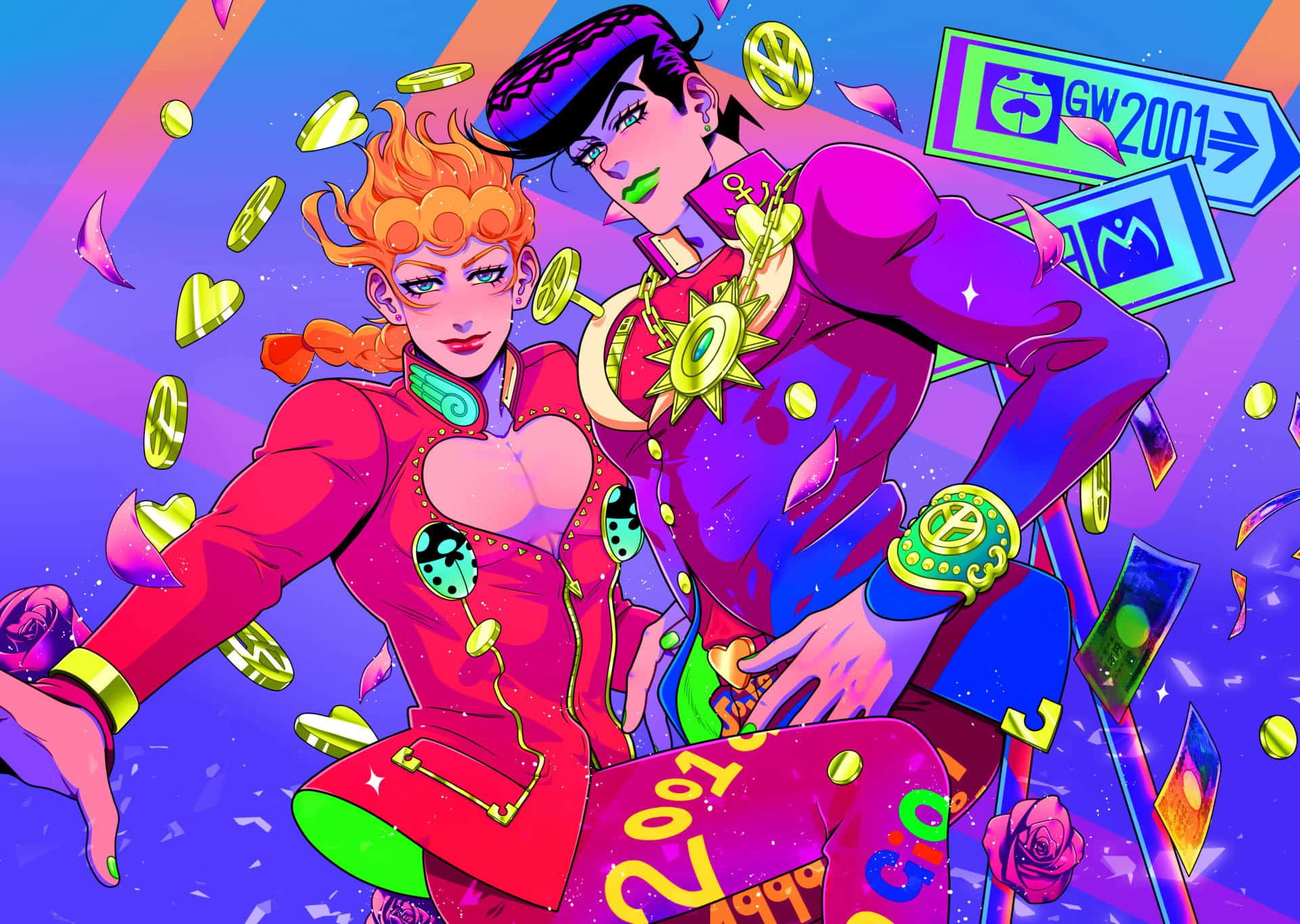 Josuke Higashikata 桌布 壁紙 — 兩個動漫角色穿著鮮豔服裝，在漂浮的金幣和發光的標誌之間擺姿勢，背景是迷幻漸變色。