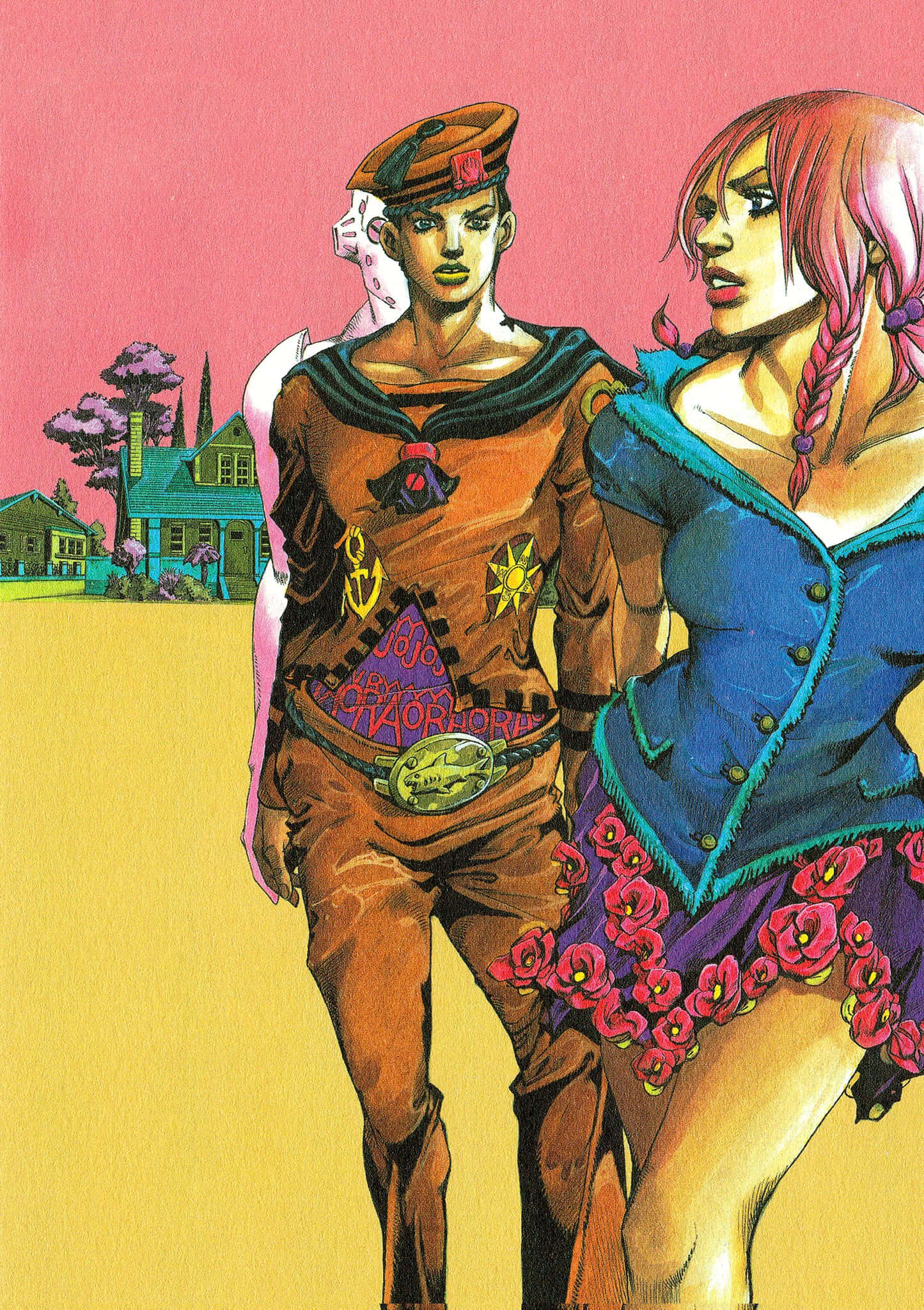 Jojolion 桌布 壁紙 — 兩個動漫角色穿著鮮豔服裝，站在粉紅色天空下的風格化郊區景觀中。